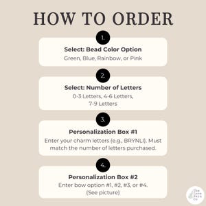 May include: An instructional graphic titled HOW TO ORDER with four numbered steps. Step 1: Select Bead Color Option (Green, Blue, Rainbow, or Pink). Step 2: Select Number of Letters (0-3, 4-6, 7-9). Step 3: Personalization Box #1. Step 4: Personalization Box #2.