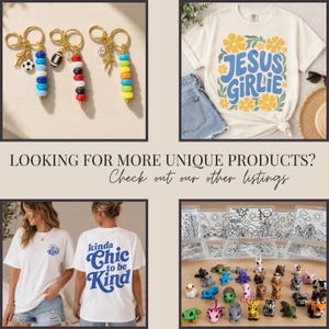 May include: A collage featuring three beaded keychains with charms, a cream t-shirt with yellow flowers and the text JESUS GIRLIE, a white t-shirt with the text kinda Chic to be Kind, and a collection of small colorful animal figurines.