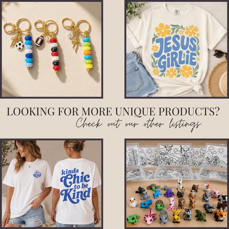 May include: A collage featuring three beaded keychains with charms, a cream t-shirt with yellow flowers and the text JESUS GIRLIE, a white t-shirt with the text kinda Chic to be Kind, and a collection of small colorful animal figurines.