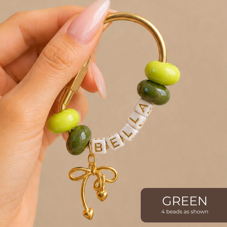 Monogram Initial Keychain Custom Name Letter Bead Design Personalized Bag Charm Accessory Thank You Present Teacher Appreciation Gift Birthday Present Best Friend Token Gold Bow Charm Jewelry Colorful Beaded Design Wire Bangle Bridesmaid