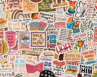 May include: A collection of assorted vinyl stickers featuring religious themes, floral illustrations, rainbows, and inspirational text such as Walk by Faith, Hope, and Pray, Pray, Pray, displayed in a dense, overlapping arrangement.