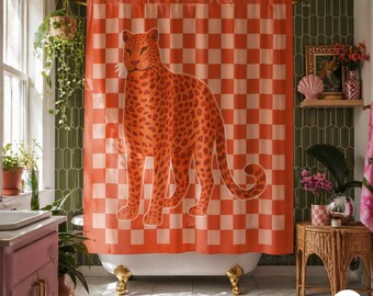 Cortina de ducha de leopardo para baño, maximalista, rosa a cuadros, estampado animal, tela de poliéster, estampado salvaje, decoración del hogar, baño de invitados, apartamento