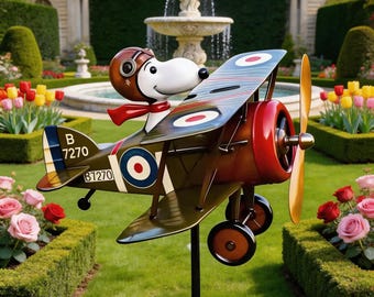 Flying Ace Dog tweedekker metalen tuin windmolen, gazondecoratie buiten, grillige tuinspinner, binnenplaatsornament, hondenliefhebber tuincadeau