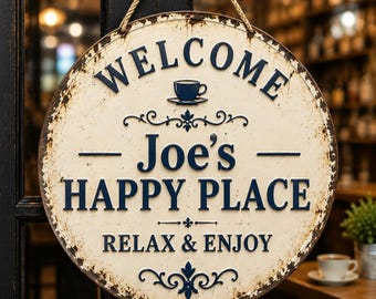 Vintage Coffee Shop Metal Sign, Joe’s Happy Place Wall Decor, Rustic Welcome Hanging Plaque, Farmhouse Café Bar Gift, Relax Enjoy Sign