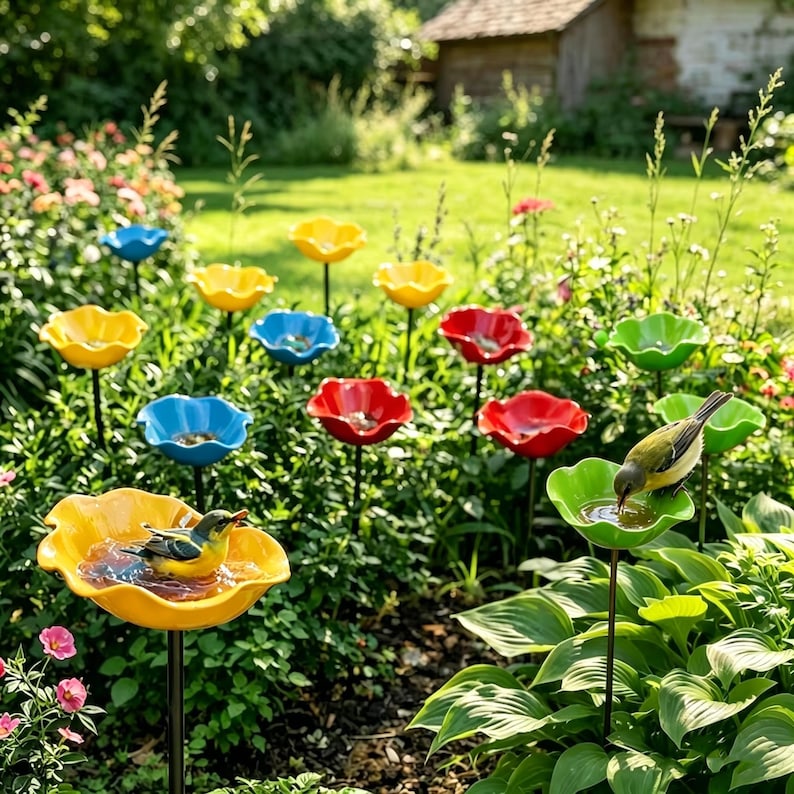 May include: A garden scene features colorful, flower-shaped bird baths in yellow, blue, red, and green. Birds are perched on the baths, drinking water. The bird baths are on black metal stems, set among green foliage and flowers.