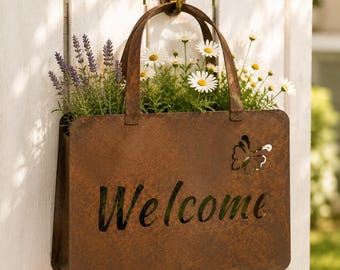 Metal Wall Planter with Artificial Flowers,Welcome Door Sign,Rustic Farmhouse Front Porch Decor,Hanging Flower Basket,Garden Wall Decor Gift