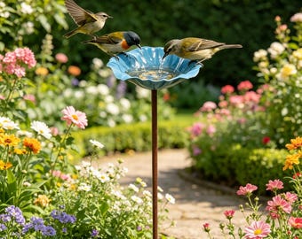 Metal Flower Bird Bath Stake, Outdoor Bird Water Feeder, Weatherproof Metal Birdbath, Garden Stake Decoration for Patio Lawn