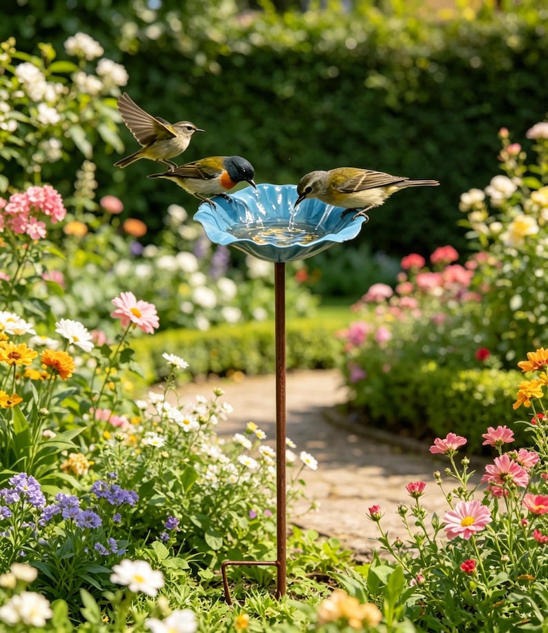 May include: A blue bird bath with three small birds perched on it, set in a vibrant garden. The bird bath is supported by a tall, slender, brown metal pole. The garden features a variety of colorful flowers and a stone pathway.