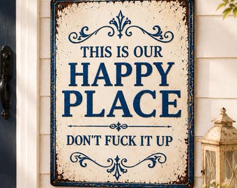Personalized Funny Metal SignCustom Happy Place Sign with Your Name,Vintage Farmhouse Wall Decor,Funny Housewarming Gift for Home Bar Garage