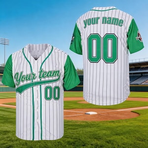 May include: White baseball jersey with green sleeves and pinstripes. The jersey features the text "Your team" on the front and "your name" with the number "00" on the back. The jersey is displayed on a baseball field.