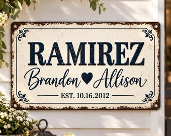 Personalized Family Metal Sign, Custom Last Name Sign, Wedding Anniversary Gift, Established Date Sign, Rustic Home Decor