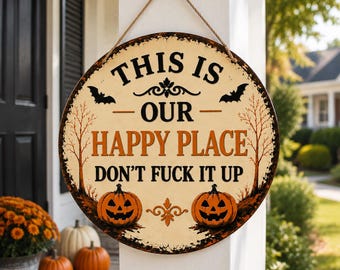 Personalized Halloween Metal Sign – This Is The [Name] Happy Place, Funny Family Porch Decor, Custom Front Door Hanging Sign