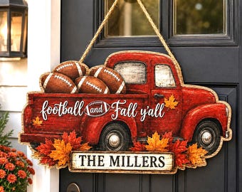 Personalized Football Fall Door Sign, Custom Family Name Front Door Decor, Rustic Wooden Fall Football Sign