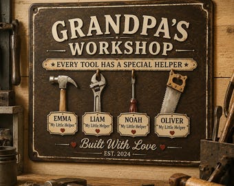 Personalized Grandpa's Workshop Sign, Custom Grandkids Tool Wall Metal Sign, Father's Day Gift for Grandpa, Garage Decor, Family Keepsake