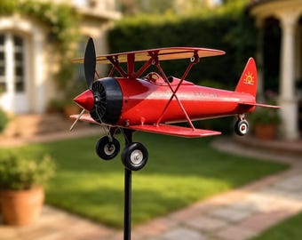 Vintage Biplane Wind Spinner Yard Stake, Metal Airplane Garden Decor, Pilot Gift