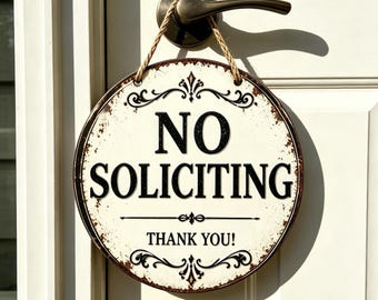 No Soliciting Round Metal Door Sign, Funny Farmhouse Porch Decor, Rustic Hanging Wall Plaque, Outdoor Home Rules Gift for House Entrance