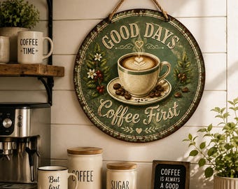 Custom Coffee Sign, Personalized Coffee Bar Decor, Round Metal Wall Art, Farmhouse Kitchen Sign, Coffee Lover Gift, Housewarming Gift