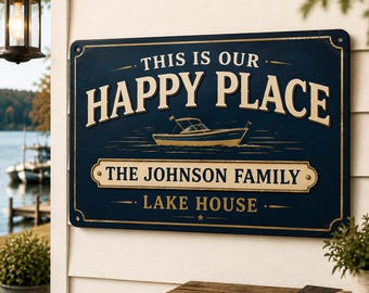 Personalized Lake House Sign, Custom Family Name Metal Wall Decor, Happy Place Cabin Sign, Housewarming Gift, Rustic Lakeside Home Decor