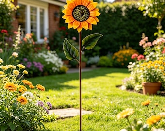 Metal Sunflower Wind Spinner, Kinetic Garden Stake, Weatherproof Yard Art Decor