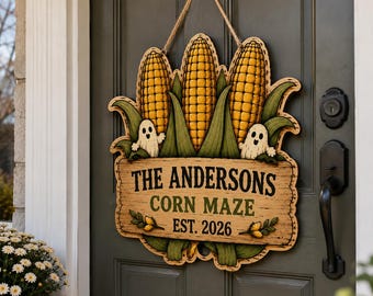 Personalized Fall Door Hanger, Custom Family Name Corn Sign, Halloween Wood Door Decor, Corn Maze Sign, Farmhouse Harvest Decor