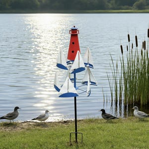 Lighthouse Sailboat Wind Spinner, Weatherproof Metal Whirligig, Nautical Coastal Yard Decor,  Outdoor Lawn Decoration, Housewarming Gift