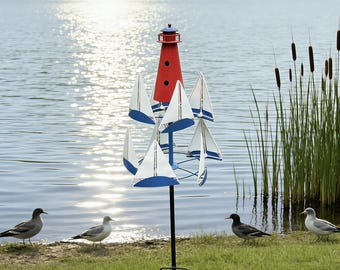 Lighthouse Sailboat Wind Spinner, Weatherproof Metal Whirligig, Nautical Coastal Yard Decor,  Outdoor Lawn Decoration, Housewarming Gift