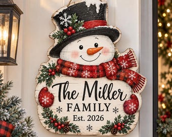 Personalized Snowman Wooden Sign, Christmas Door Hanger, Family Name Holiday Decor, Rustic Winter Wall Sign, Custom Christmas Gift