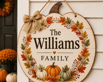 Personalized Fall Family Sign, Custom Pumpkin-Shaped Wooden Decor