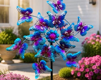 Butterfly Wind Spinner Garden Decor, Colorful Metal Yard Art, Outdoor Lawn Ornament, 3D Spinning Flower Stake, Patio Garden Gift