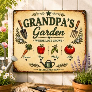 Pode incluir: Uma placa de metal retangular com fundo creme e bordas enferrujadas. Apresenta o texto "GRANDPA'S Garden WHERE LOVE GROWS" em verde escuro, com ilustrações de uma pá, um garfo, uma cenoura, um pimentão, ervilhas, um tomate e um regador.