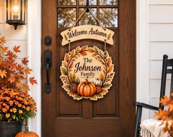 Personalized Fall Door Sign, Custom Family Name Autumn Porch Decor, Thanksgiving Front Door Hanging, Farmhouse Fall Wreath,Housewarming Gift