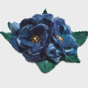 Blue felted flower brooch pin wool felted flower with beads