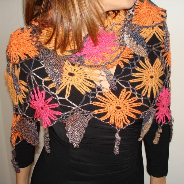 Crochet shawl, orange, red flowers