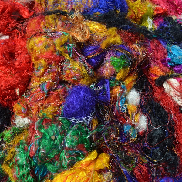 Sari silk waste thread multicolored fiber for spinning felting art yarn paper making  1oz, 2oz, 4oz.