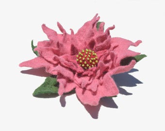 Felt pink flower brooch pin, pink wool felt flower ready to ship.