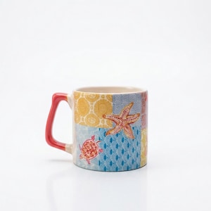 Sea Life Patchwork Mug, Ocean Theme Ceramic Coffee Cup, Ocean Beach House Decor, Coastal Grandmother Aesthetic Mug, Summer Kitchenware Gift