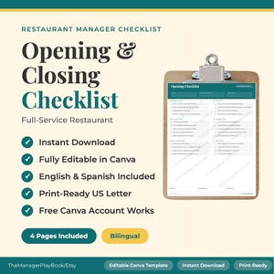 Bilingual Restaurant Manager Opening Closing Checklist - English and Spanish - Editable Canva Template - Instant Download