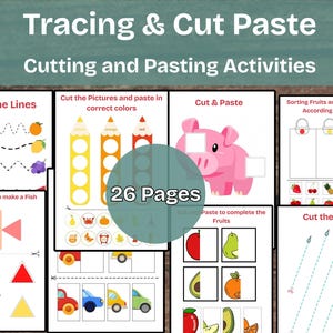 Könnte beinhalten: Eine Sammlung von Kinderaktivitätsseiten mit dem Titel "Tracing & Cut Paste". Die Seiten beinhalten Aktivitäten wie das Nachzeichnen von Linien, das Ausschneiden und Einfügen von Formen sowie das Sortieren von Obst und Gemüse. Das Set umfasst 26 Seiten.