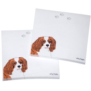 May include: Two white notepads with a brown and white Cavalier King Charles Spaniel illustration on each. The notepads have a gray paw print design at the top and the text "art by SallyJean" at the bottom.