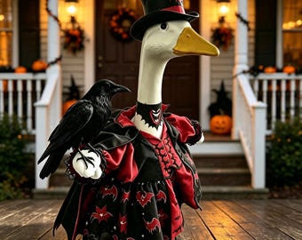 Halloween Witch Goose Outfit with Raven, 23 Inch Porch Goose Costume, Gothic Goose Decor, Black Witch Dress, Farmhouse Halloween Decoration