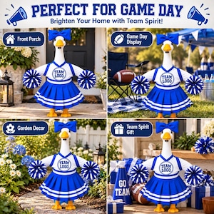 K&ouml;nnte beinhalten: Eine wei&szlig;e G&auml;nsefigur in einem blau-wei&szlig;en Cheerleader-Outfit mit passender Schleife und blauen Pompons. Das Outfit besteht aus einem Oberteil mit dem Text TEAM LOGO und einem Faltenrock mit wei&szlig;en Streifen. Das Bild enth&auml;lt den Text: PERFECT FOR GAME DAY.