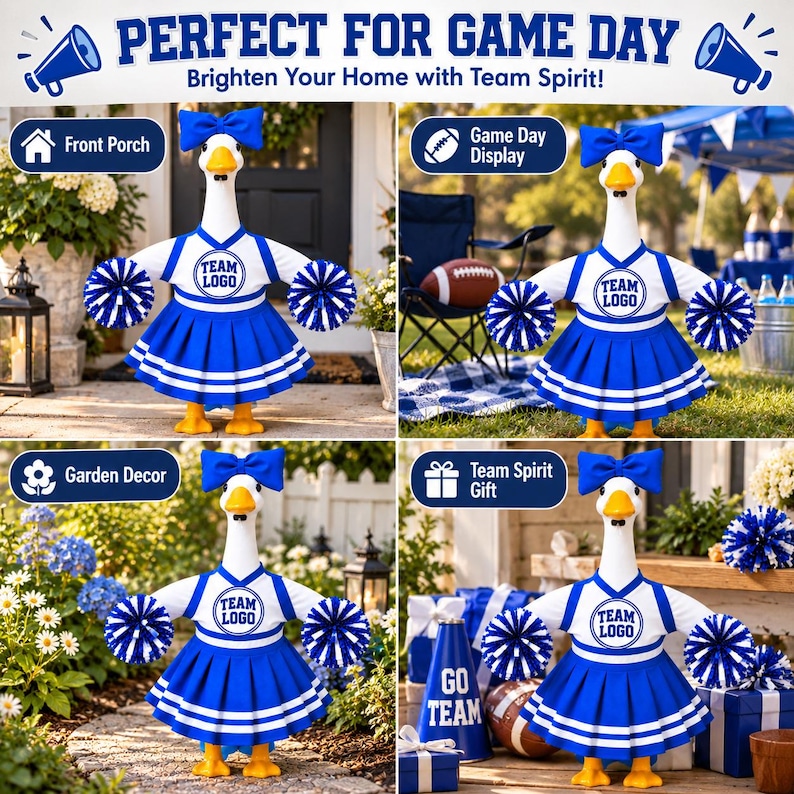 K&ouml;nnte beinhalten: Eine wei&szlig;e G&auml;nsefigur in einem blau-wei&szlig;en Cheerleader-Outfit mit passender Schleife und blauen Pompons. Das Outfit besteht aus einem Oberteil mit dem Text TEAM LOGO und einem Faltenrock mit wei&szlig;en Streifen. Das Bild enth&auml;lt den Text: PERFECT FOR GAME DAY.