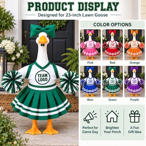K&ouml;nnte beinhalten: Eine wei&szlig;e Garten-Gans-Statue in einem gr&uuml;n-wei&szlig;en Cheerleader-Outfit mit passender Schleife und Pompons. Das Outfit besteht aus einem Oberteil mit dem Text TEAM LOGO und einem Faltenrock. Die Anzeige zeigt Farboptionen in Pink, Rot, Orange, Blau, Gr&uuml;n und Lila.