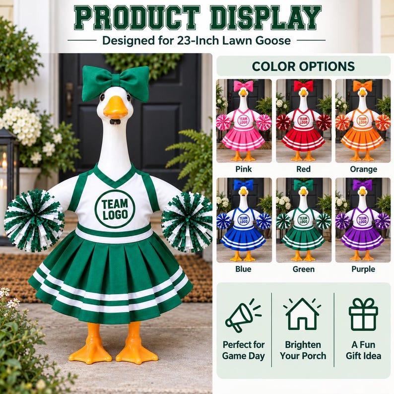 K&ouml;nnte beinhalten: Eine wei&szlig;e Garten-Gans-Statue in einem gr&uuml;n-wei&szlig;en Cheerleader-Outfit mit passender Schleife und Pompons. Das Outfit besteht aus einem Oberteil mit dem Text TEAM LOGO und einem Faltenrock. Die Anzeige zeigt Farboptionen in Pink, Rot, Orange, Blau, Gr&uuml;n und Lila.