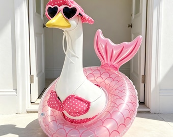 Pink Mermaid Pool Float Porch Goose Outfit | Funny Summer Garden Decor, Patio Yard Display Gift