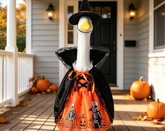 Halloween Witch Goose Outfit for 23 Inch Porch Goose, Black Orange Witch Costume, Fall Front Door Decor, Spooky Farmhouse Yard Decoration