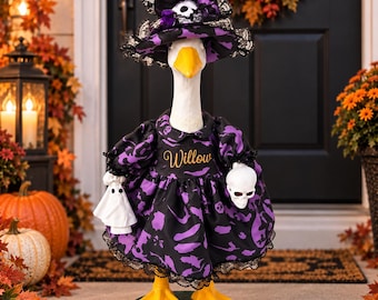 Personalized Halloween Goose Outfit, Witch Lawn Goose Costume, Custom Name Embroidery, Purple Black 23 Inch Porch Goose Clothes