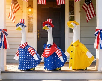 23" Porch Goose Outfit Set, Patriotic 4th of July & Rainy Day Costumes, 3 Styles Available, Lawn Goose Decor