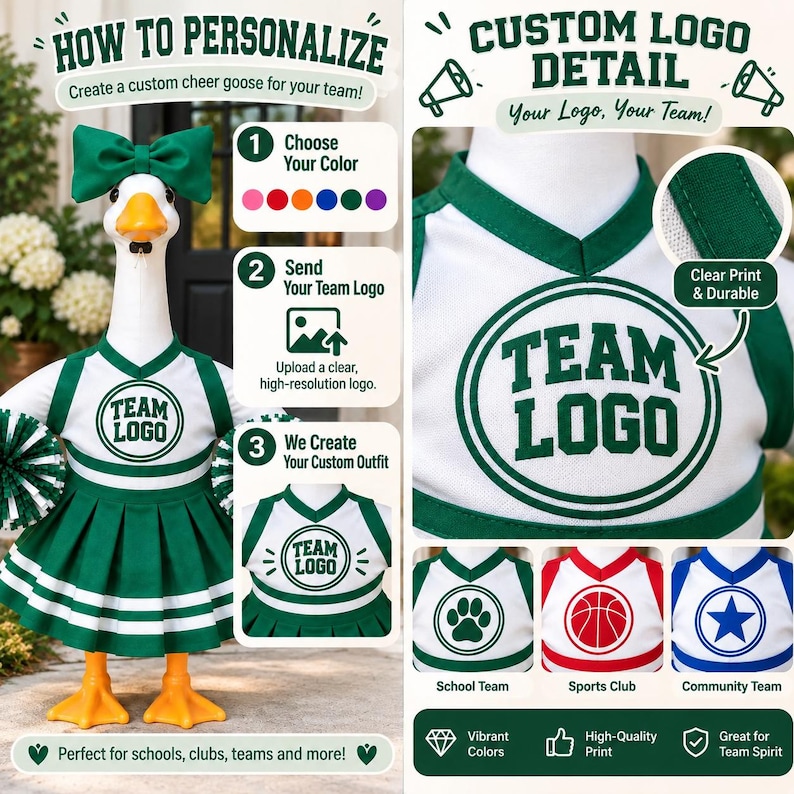 K&ouml;nnte beinhalten: Eine wei&szlig;e G&auml;nsefigur in einem gr&uuml;n-wei&szlig;en Cheerleader-Outfit mit passender Schleife. Das Outfit besteht aus einem V-Ausschnitt-Oberteil mit kreisf&ouml;rmigem Logo, einem Faltenrock und Pompons. Der Text enth&auml;lt HOW TO PERSONALIZE und TEAM LOGO.
