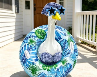 Summer Porch Goose Pool Float Outfit Set, Tropical Hawaiian Swim Ring Costume with Sunglasses & Bikini Decor for Garden Goose Yard Display